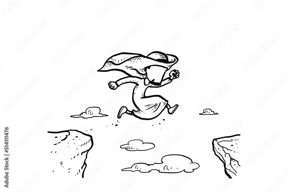 Arab business man jump through the gap between hill. Man jump over cliff. Cartoon vector illustration design Arab business man jump through the gap between hill. Man jump over cliff. Cartoon vector illustration design