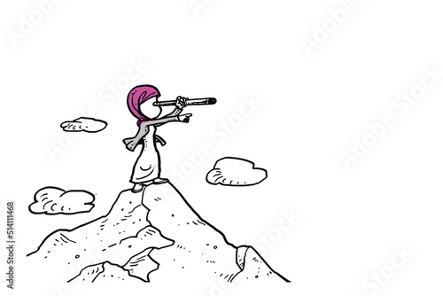 Visionary asian muslim woman using telescope searching for business opportunity. Vision concept. Cartoon vector illustration design