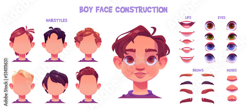 Boy face construction, child avatar creation with head parts isolated on white background. Vector cartoon set of caucasian kid face generator with eyes, noses, hairstyles, brows and lips
