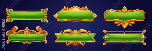 Game buttons with gold frames in medieval style with gems. Vector cartoon set of blank green rectangle banners with fantasy golden borders isolated on background