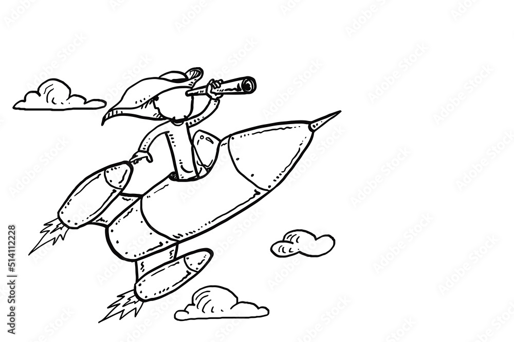 Fototapeta premium Arab entrepreneur on open rocket using telescope searching future business opportunity. Startup vision concept. Hand drawn vector illustration design
