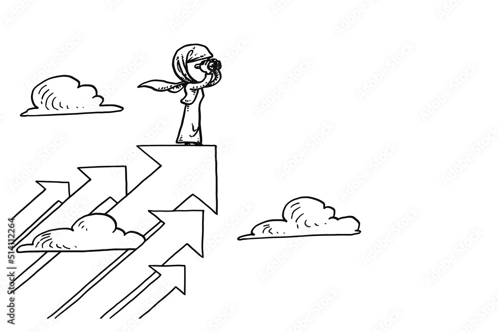 Asian muslim entrepreneur on upward arrow using spyglass. Concept of vision, mission, objective and goal. Hand drawn vector illustration design Asian muslim entrepreneur on upward arrow using spyglass. Concept of vision, mission, objective and goal. Hand drawn vector illustration design