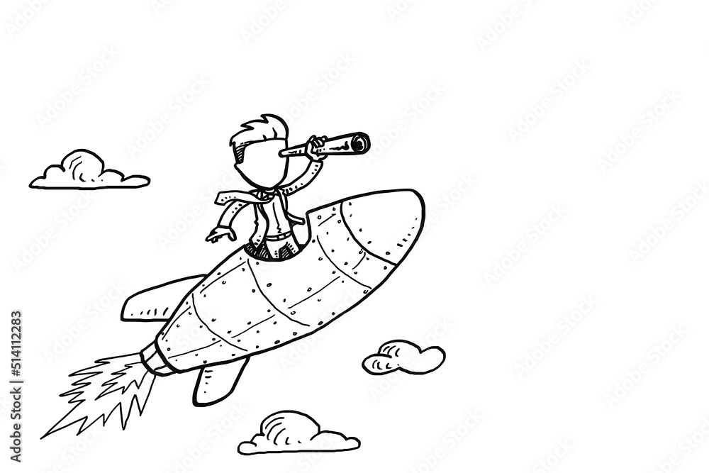 Businessman on open rocket searching for future business opportunity. Concept of visionary leader on startup industries. Hand drawn vector illustration design Businessman on open rocket searching for future business opportunity. Concept of visionary leader on startup industries. Hand drawn vector illustration design
