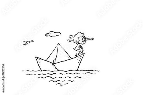 Female entrepreneur on paper boat using telescope for searching opportunity. Business vision concept. Hand drawn vector illustration design