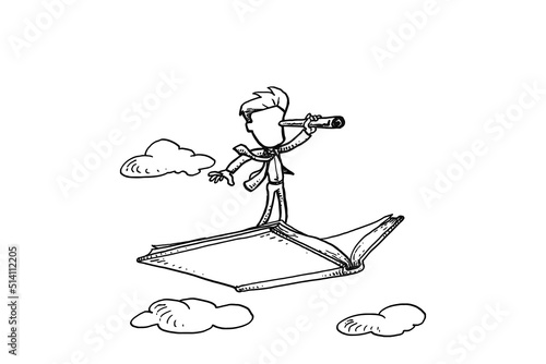 Male entrepreneur on flying book using telescope for searching opportunity. Business vision and knowledge concept. Hand drawn vector illustration design