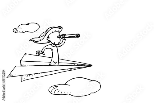 Arab businessman using telescope on paper plane. Concept of vision and business opportunity. Cartoon vector illustration design