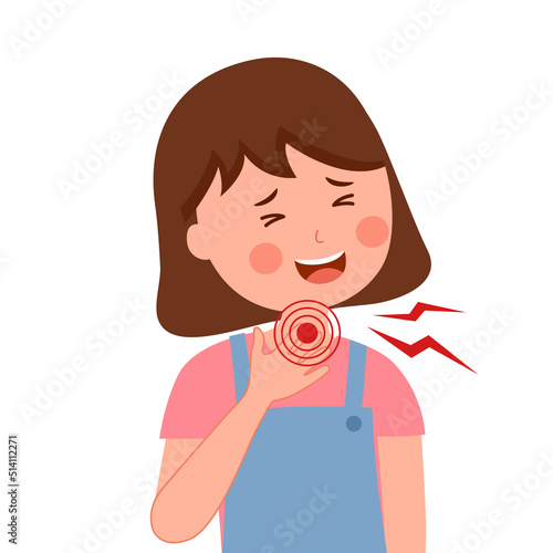 Girl kids having sore throat symptom from virus or bacteria in flat design on white background.