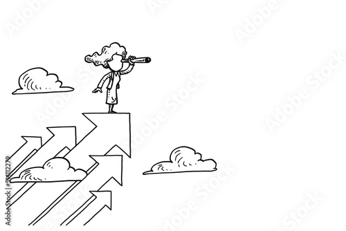 Business woman on upward arrow searching for business opportunity. Concept of visionary leader. Hand drawn vector illustration design