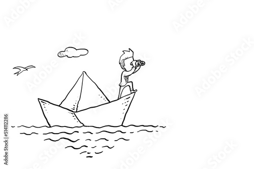 Businessman on paper boat using spyglass. Concept of vision, mission, objective and goal. Hand drawn vector illustration design