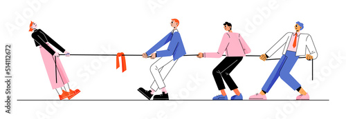 Gender rivalry, men team tug of war with single woman. Male and female business characters wrestling. Office fight for leadership, sexism, misandry, feminism and patriarchy Linear flat vector concept