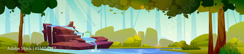 Waterfall in forest, cascade jet at summer nature landscape. Cartoon panoramic view of stream flow from rocks, fall to lake with green trees around. Wild area, beautiful parkland, Vector illustration