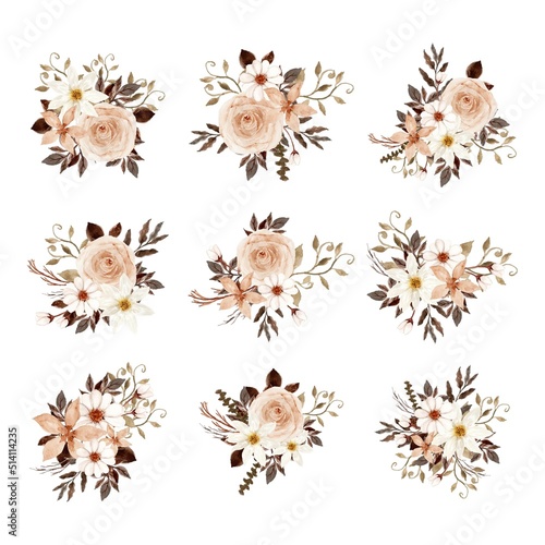 Set of Rustic Brown And White Watercolor Floral Bouquet © Kuma