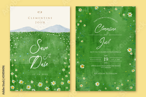 Set of wedding invitation with hand drawn watercolor spring daisy flower fields background landscape