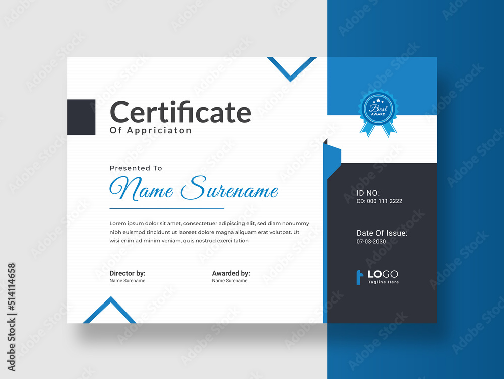 Blue certificate of appreciation template, Clean modern certificate with badge, Certificate vector template Blue certificate of appreciation template, Clean modern certificate with badge, Certificate vector template