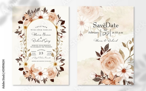 Gorgeous Rustic White And Brown Flower Watercolor Floral Wedding Invitation Set