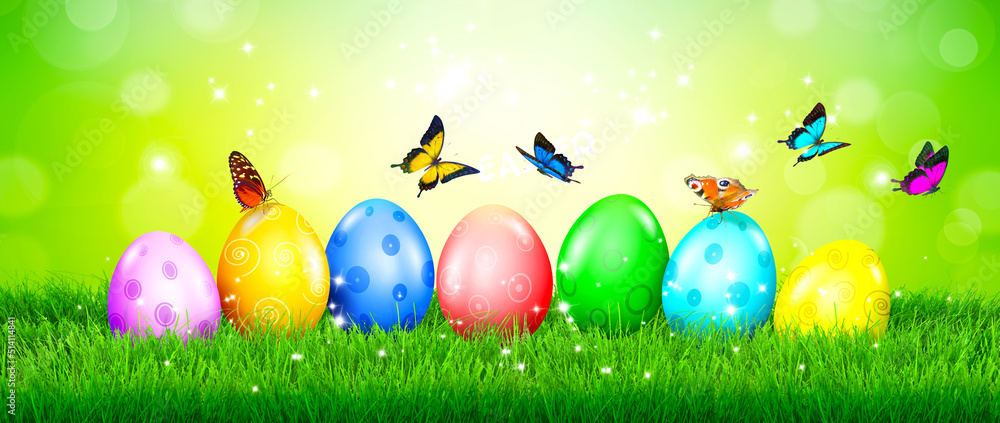 Beautiful Easter background with colorful Easter eggs. 3d illustration Beautiful Easter background with colorful Easter eggs. 3d illustration