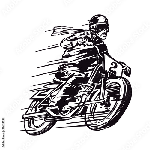 Racer with motorcycle objects in retro hand drawing style