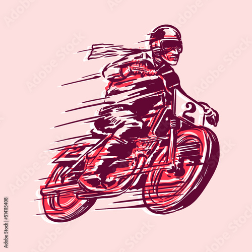 Racer with motorcycle objects in retro hand drawing style