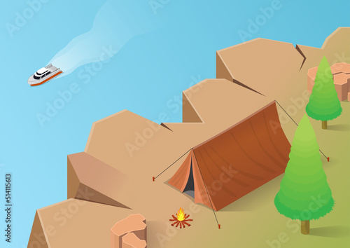 isometric camping on a cliff