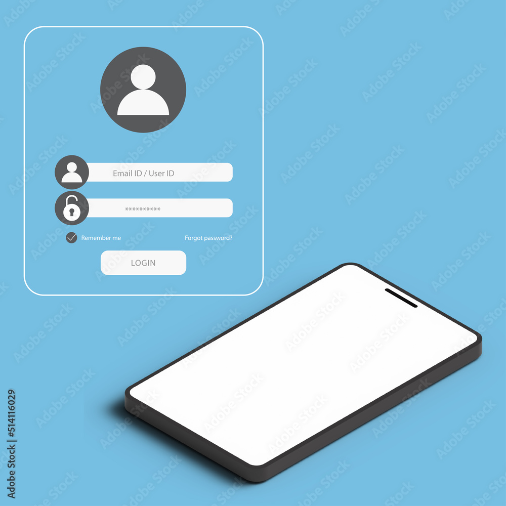 Smartphome 3D model with Login form on blue background. Smartphome 3D model with Login form on blue background.