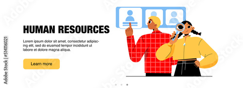 Human resources banner. Concept of HR management, recruitment employee for company team. Vector landing page with flat illustration of people search and recruit professional staff