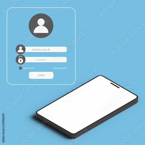 Smartphome 3D model with Login form on blue background. photo