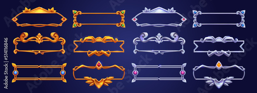 Empty gold and silver frames in medieval style for rpg game ui design. Vector cartoon set of ancient fancy golden and metal borders with gems isolated on background
