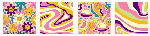 Trippy trendy background set Psychedelic design. y2k, 70s, hippie style. Abstract floral illustration. Vector illustration design. Psychedelic groovy wave