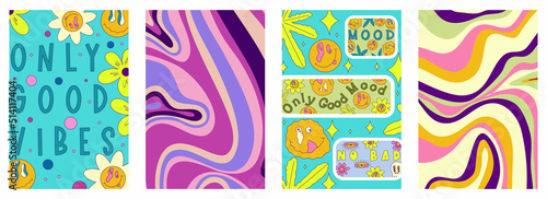 Rave trippy poster set with patches, smile, sticker. Modern retro abstract design. Abstract trippy psychedelic smile pattern. 60s, hippie. Rave psychedelic acid sticker poster. Vector illustration.
