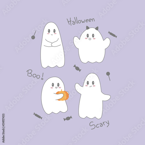 Conjunto de 6 fantasmas tiernos con sus disfraces para salir a pedir dulces en la noche de halloween. Clip art de vectores para niños.