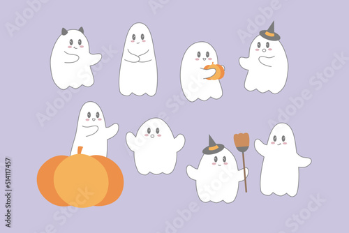 Conjunto de 8 fantasmas tiernos con sus disfraces para salir a pedir dulces en la noche de halloween. Clip art de vectores para niños.