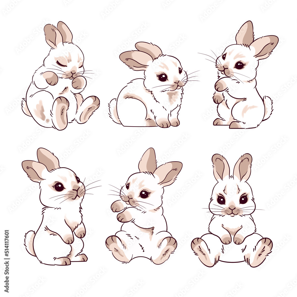 A set of cute brown rabbits, hand-drawn, fluffy white hare, symbol of happy Easter, cute hare, symbol of spring, cartoon character, cartoon style, portrait of a small animal bunny. 