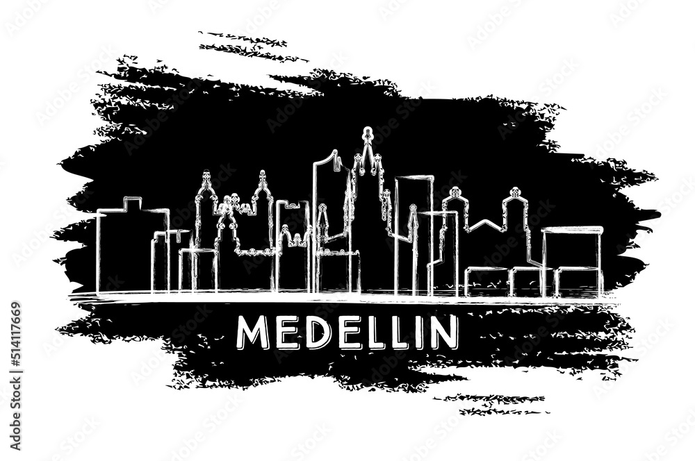 Medellin Colombia City Skyline Silhouette. Hand Drawn Sketch.