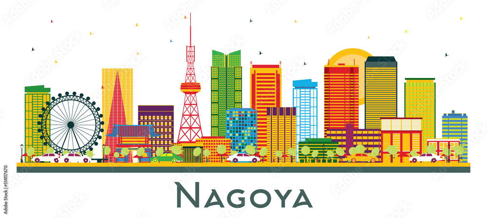Nagoya Japan City Skyline with Color Buildings Isolated on White.