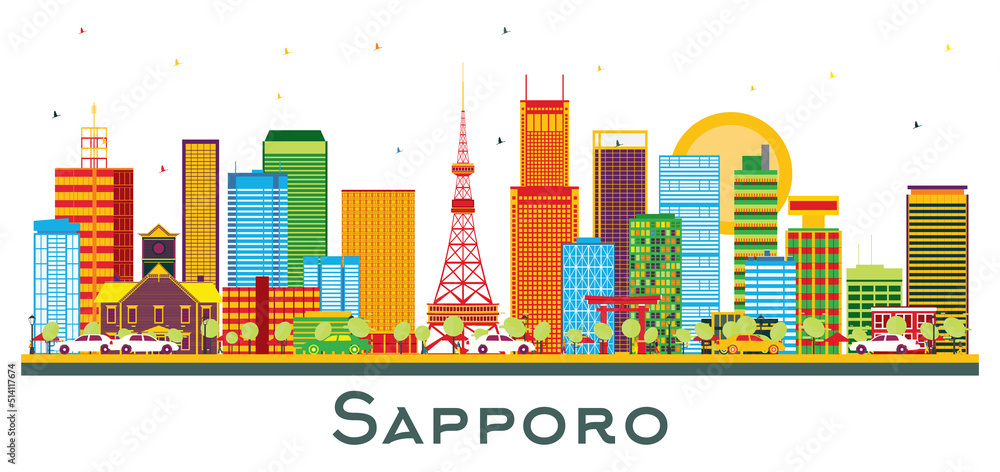 Sapporo Japan City Skyline with Color Buildings Isolated on White.