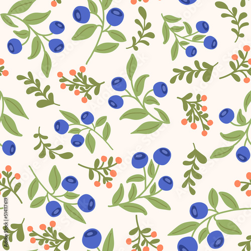 Hand Drawn Vector Seamless Pattern with Blueberry