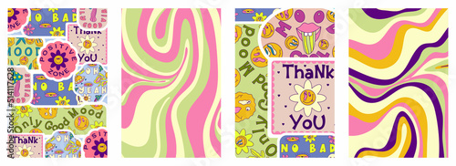 Rave trippy poster set with patches, smile, sticker. Modern retro abstract design. Abstract trippy psychedelic smile pattern. 70s, hippie. Rave psychedelic acid sticker poster. Vector illustration.