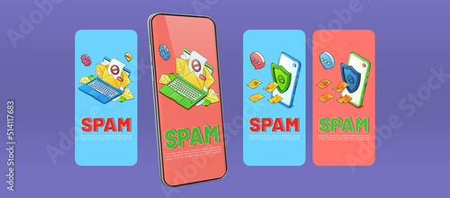 Spam presentation slides for mobile phone. Concept of email security, protection from phishing and junk messages. Vector horizontal banners with isometric laptop and smartphone with shield