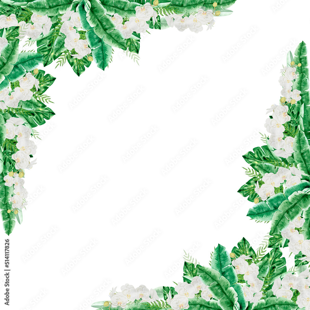 Green tropical leaves and white orchid flowers postcard and invitation template. Watercolor hand drawn illustration of exotic foliage for wedding design.