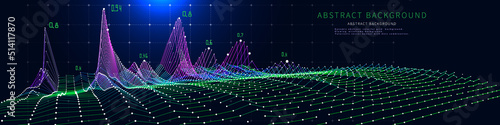 Abstract  background with 3d grid color on dark. Big data. Technology concept. Visual presentation analysis of graph data.  Banner for business, science and technology data analytics representation.  