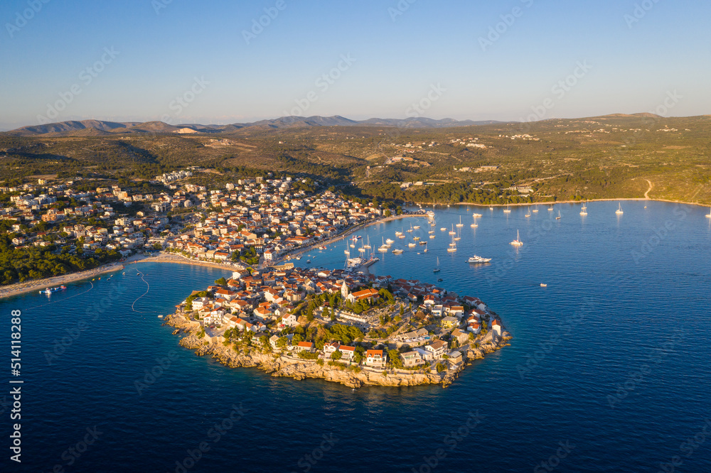 Aerial view of the stunning Primosten old town by the Adriatic sea in Croatia