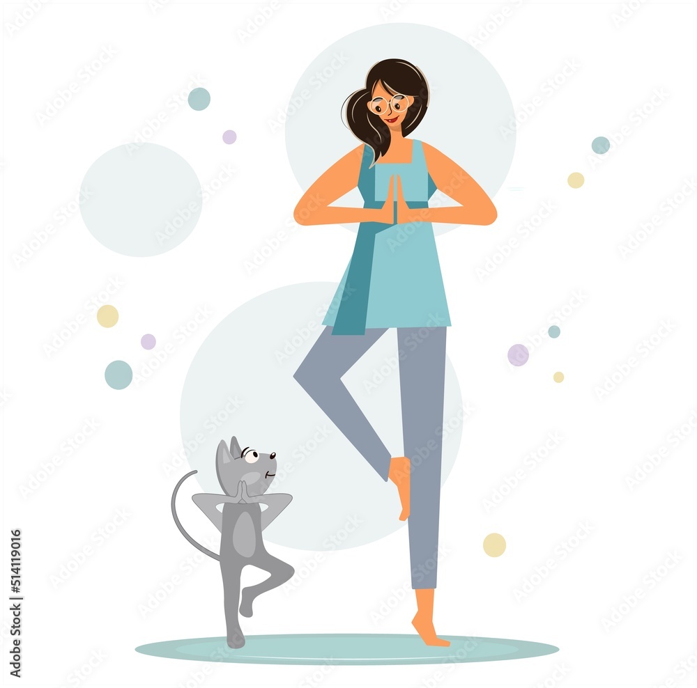 The girl is doing yoga next to her gray cat. Funny characters in a tree pose go in for sports. Friends spend time together. Young woman and cat. Vector, flat style with place for text.