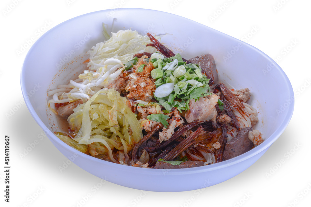 Rice noodles with spicy pork sauce.Local food of Thai in the north of Thailand.The main ingredients include rice noodles,pork blood,pork,tomatoes.Food that is eaten with fresh vegetables. Rice noodles with spicy pork sauce.Local food of Thai in the north of Thailand.The main ingredients include rice noodles,pork blood,pork,tomatoes.Food that is eaten with fresh vegetables.