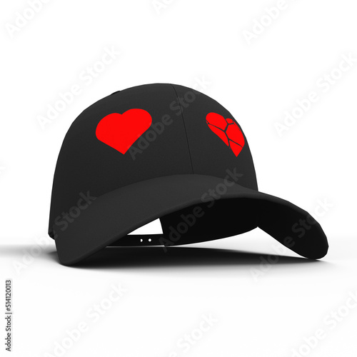 Black Cap with Two Red Hearts Symbol of Love and Valentines Day. 3D Illustration. File with Clipping Path.