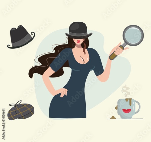 Detective set. Female character design with equipment. The girl is a detective or a spy. Icon set elements: lady sleuth , bowler hat, coffee cup, magnifying glass. Vector illustration, retro style