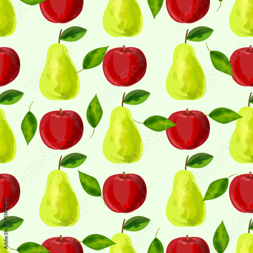 Fototapeta Naklejka Na Ścianę i Meble -  Seamless pattern with iIllustration a green pear and a red apple on a light background