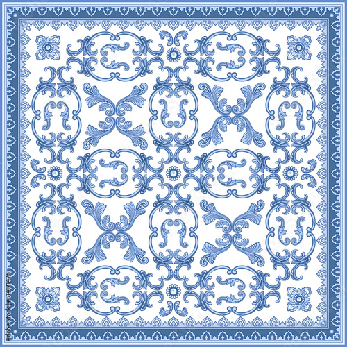 Baroque scrolls indigo damask pattern, blue oriental arch border frieze on a white background. Scarf, bandana print, square pocket range, carpet