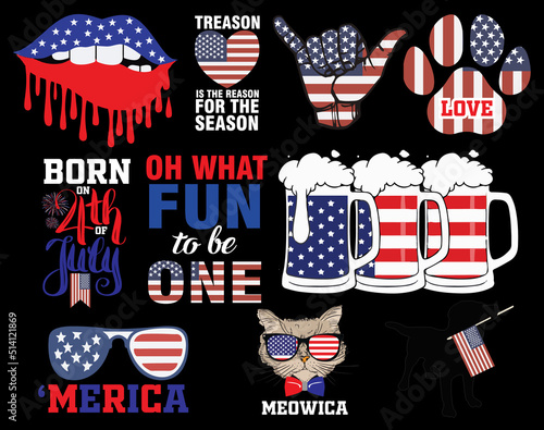 Patriotic USA T-Shirt Design Bundle – 4th of July Clipart, Bold American Graphics, Black Background