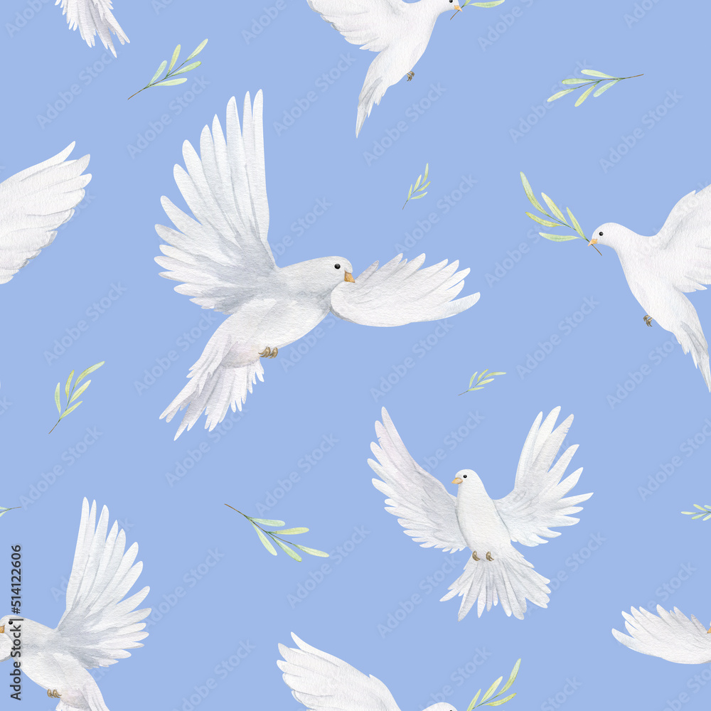 Obraz premium Watercolor white dove and olive branches seamless pattern. Hand drawn illustration for fabric, wrapping paper on blue background