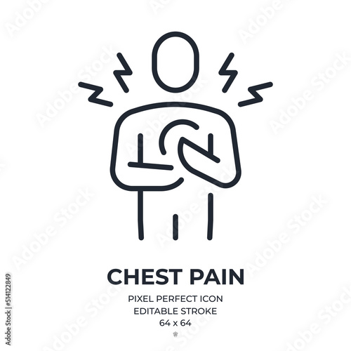 Chest pain and heart attack concept editable stroke outline icon isolated on white background flat vector illustration. Pixel perfect. 64 x 64.
